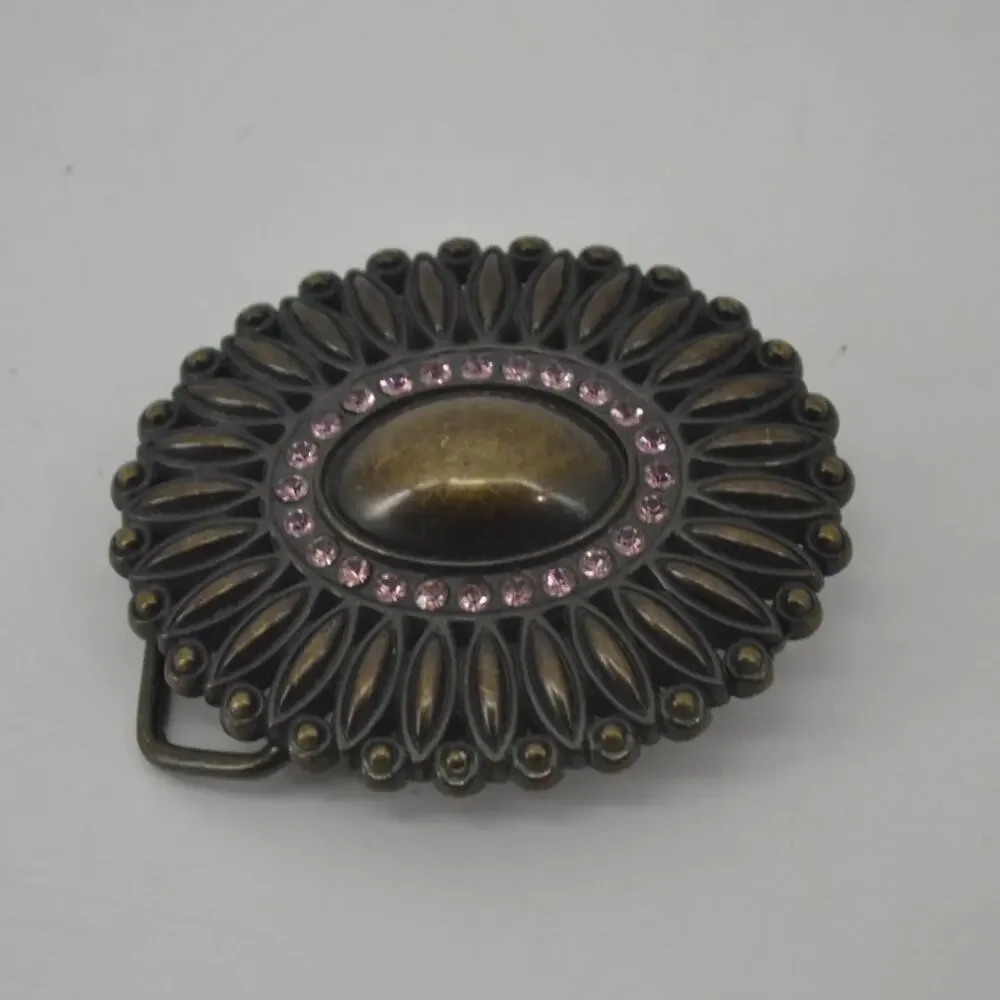 Belt Buckle Scalloped Rhinestone Antique Gold Oval Starburst